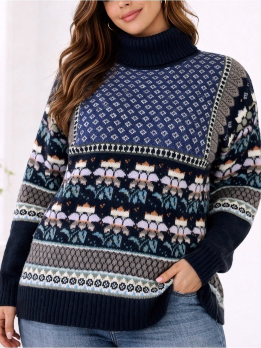 Vintage sweater Karen Scott muck neck chunky grandma/grandpa patterned heavy S-L